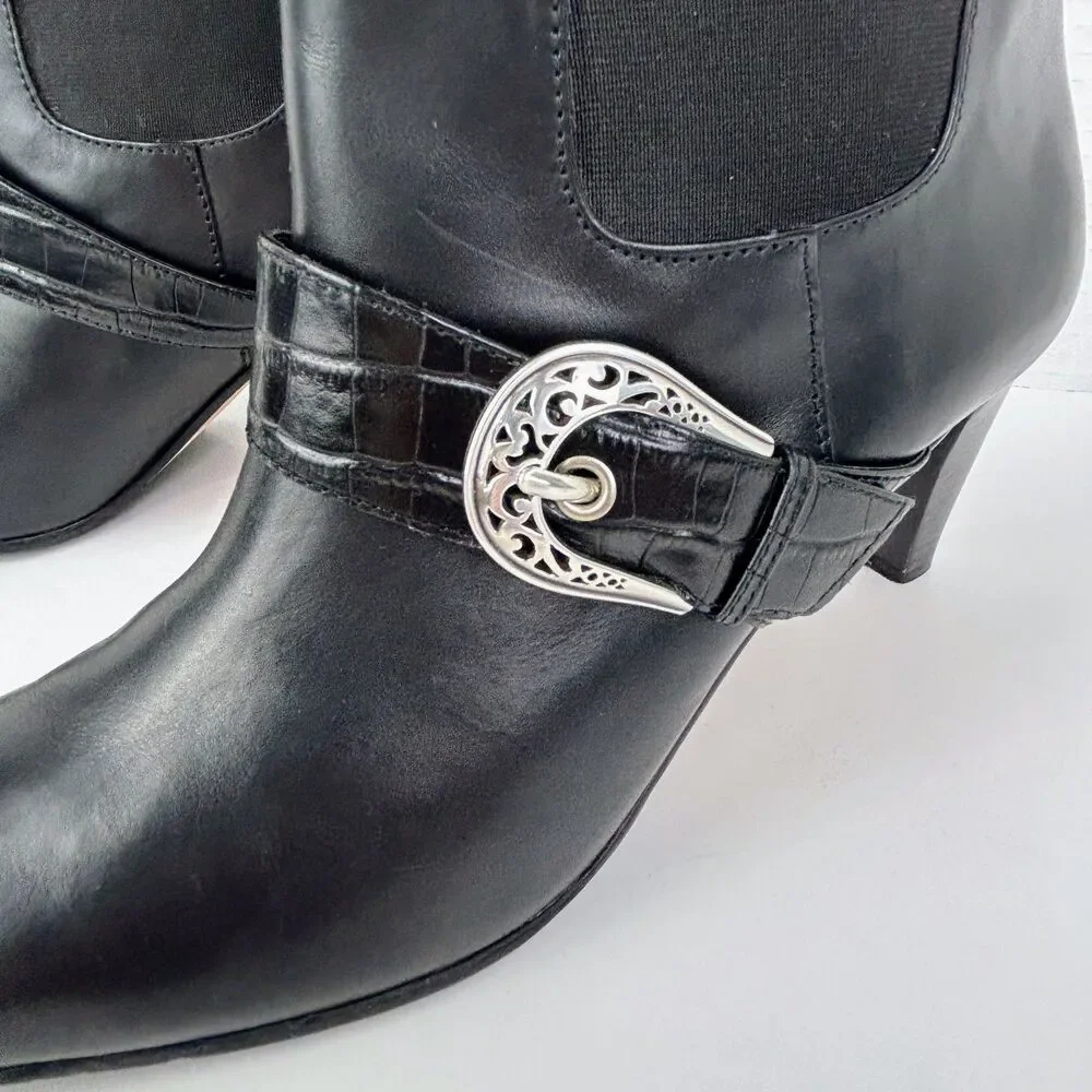 Brighton Rosita Ankle Booties Pointed Toe High Shaft Black Leather Buckle 8 flaw